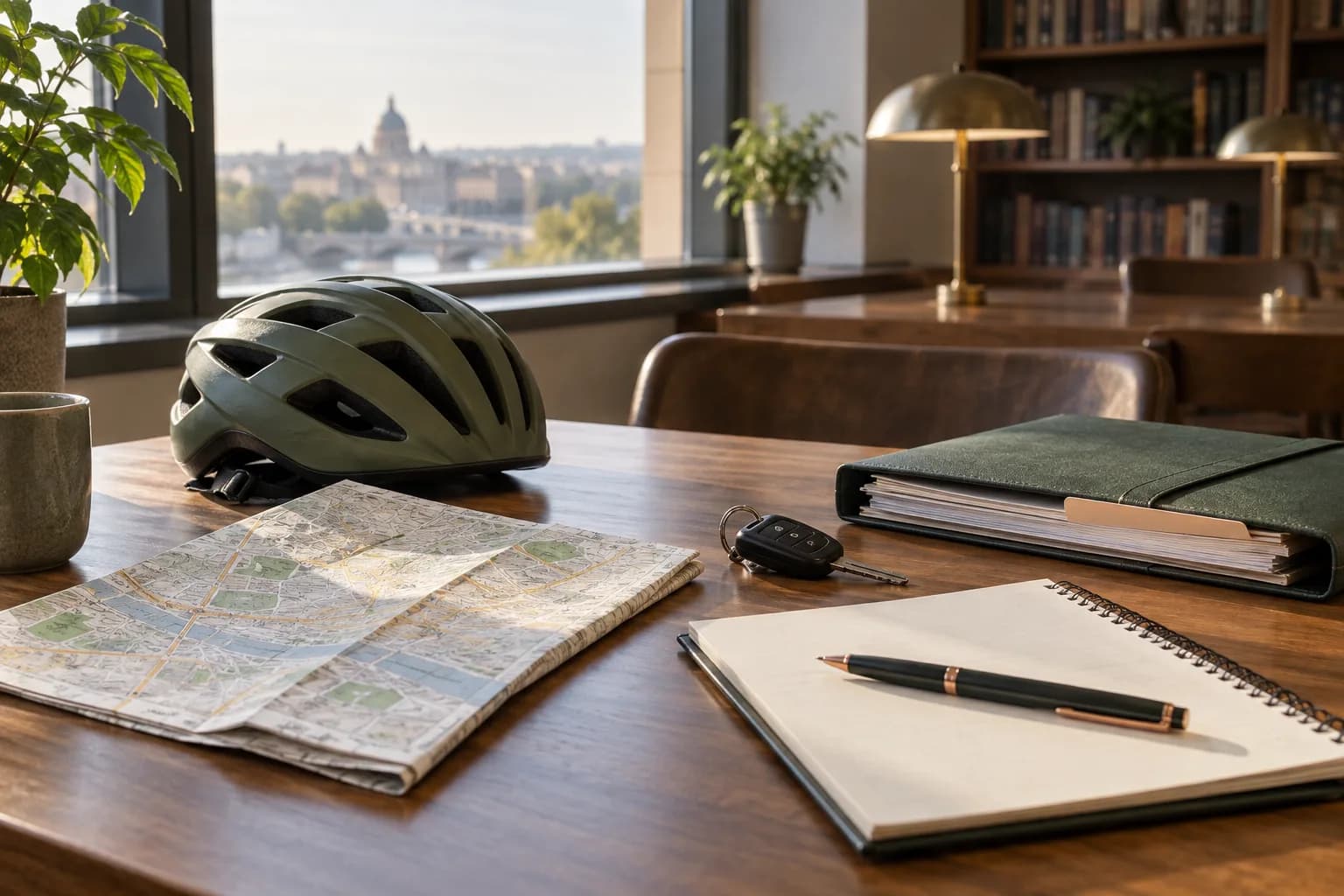 A bicycle helmet, street map, blank notebook, car key, and organized folder on a reading-room table