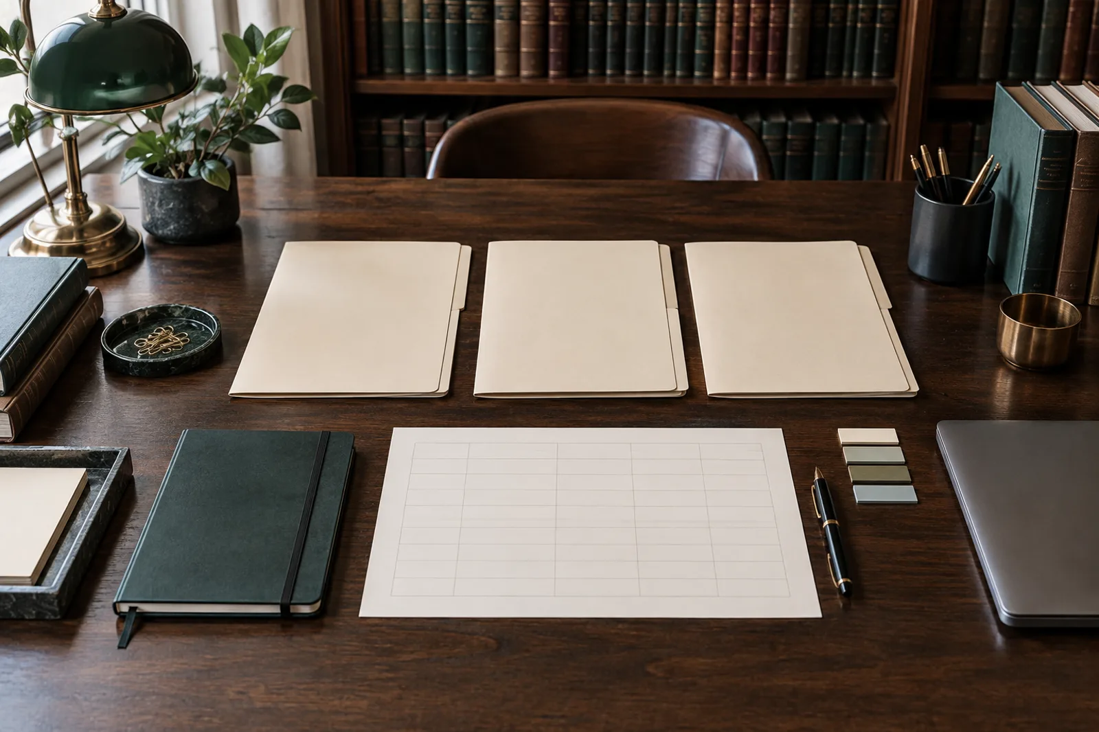 Three blank firm folders and a comparison worksheet arranged on a library table