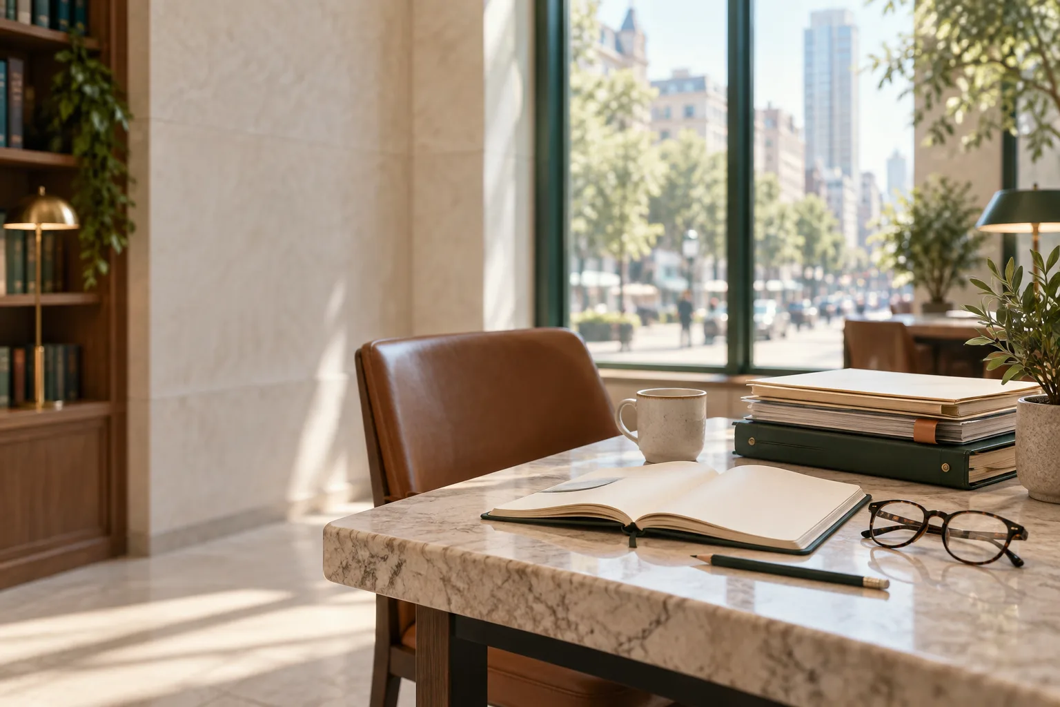 An open notebook and organized documents in a bright civic reading room