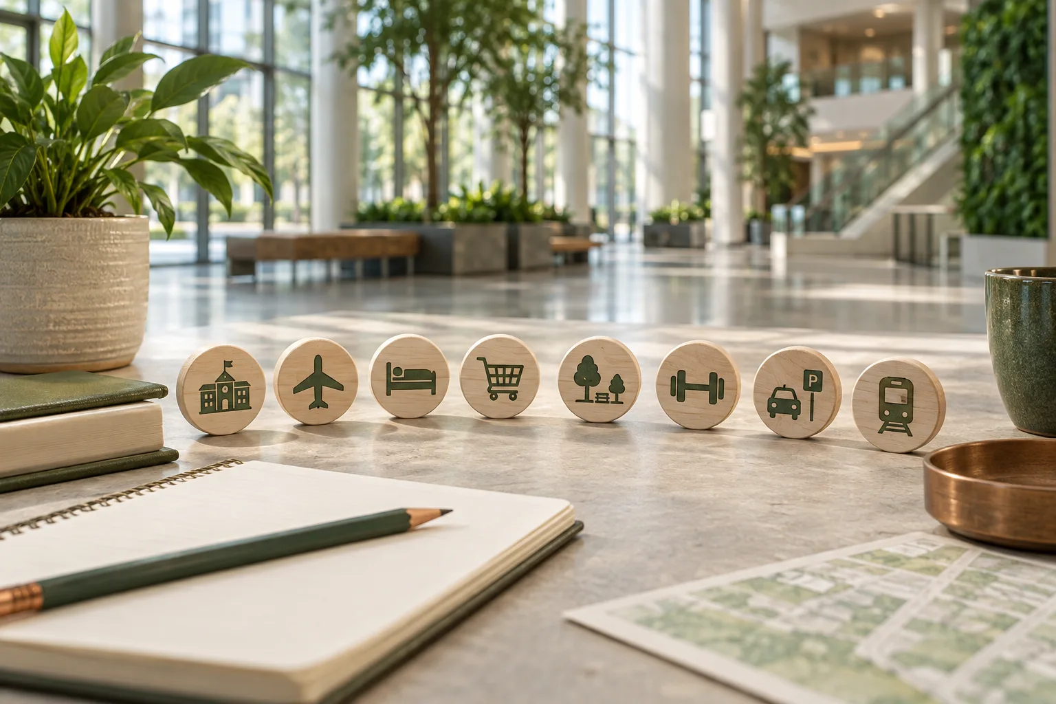 Wooden symbols for a school, airport, hotel, shop, park, gym, parking area, and train arranged in a bright atrium
