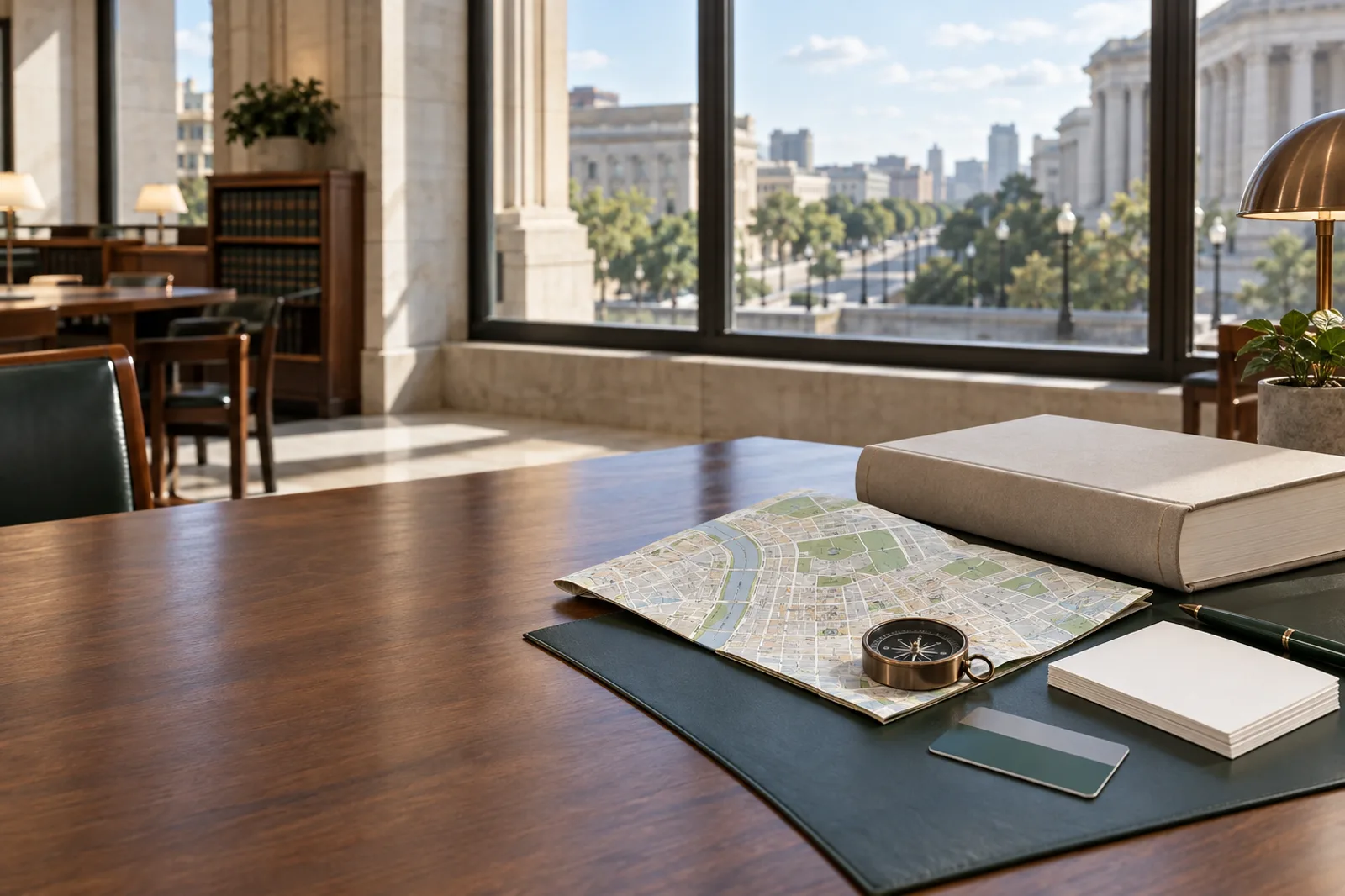 A generic city map, compass, blank cards, and reference book in a civic reading room